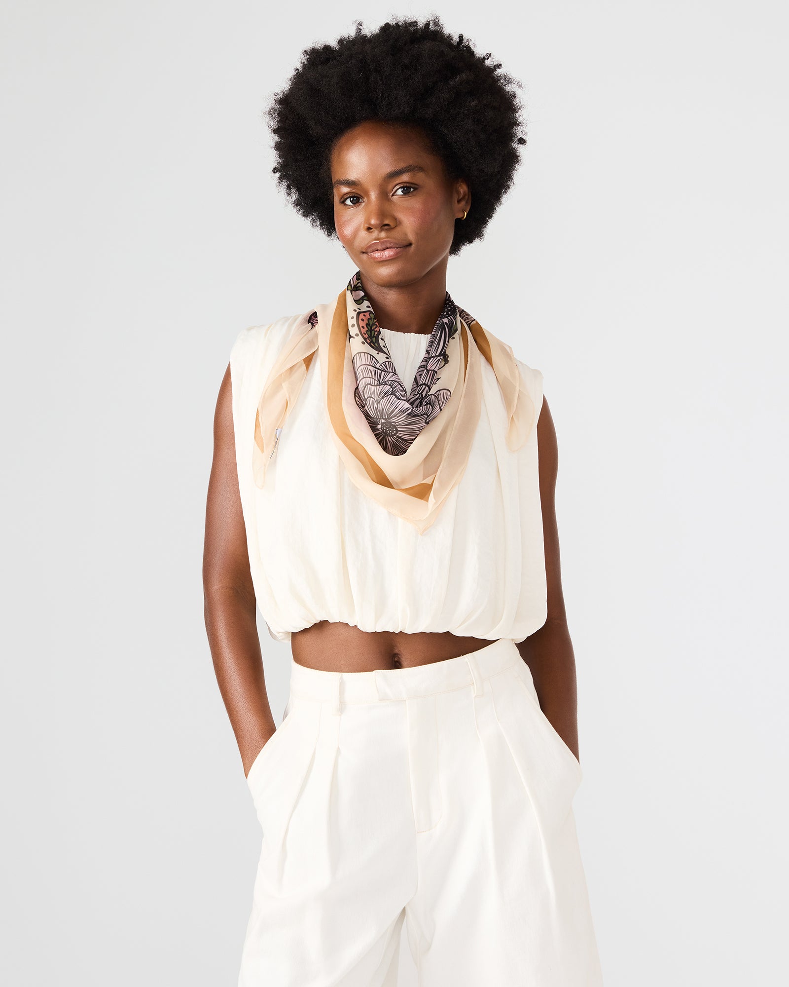 BOHO FLORAL SQUARE SCARF IVORY - Image 3
